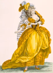 Frau in aufwendigem Kleid und Kopfschmuck, graviert von Bacquoy, Platte Nr. 218 aus 